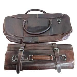 Aaron Leather Goods Brown Genuine Leather Knife Bag And Roll Combo Chef Bag